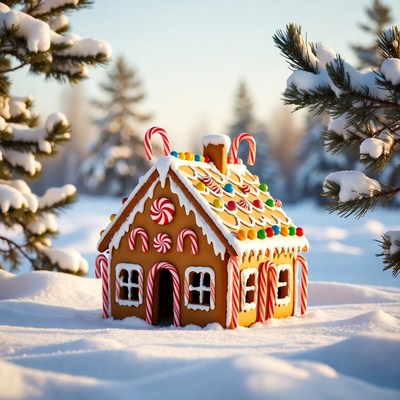 Gingerbread House in Snowy Forest