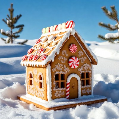 Gingerbread house in snowy landscape