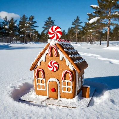 Gingerbread house in snowy forest