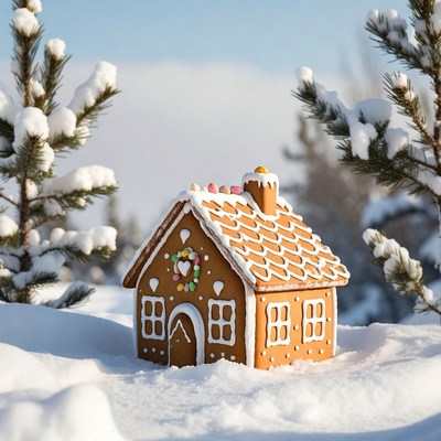 Gingerbread house in snowy forest