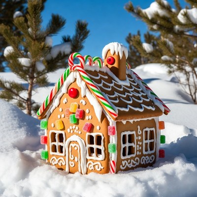 Gingerbread house in snowy forest