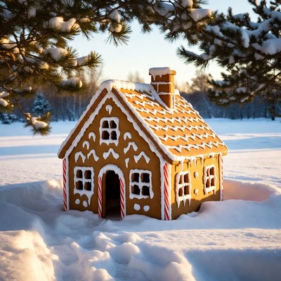 Gingerbread House in Snowy Forest