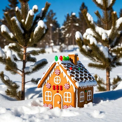 Gingerbread House in Snowy Forest