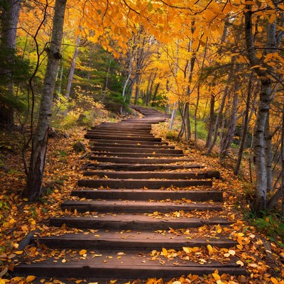 Wooden stairs in autumn forest