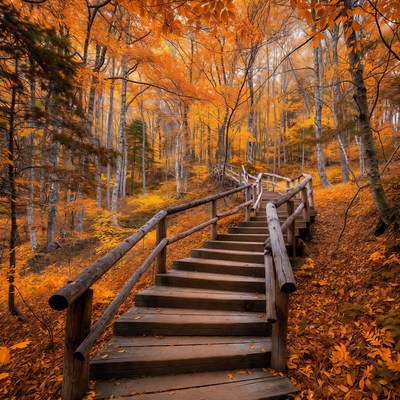 Wooden Stairs in Autumn Forest