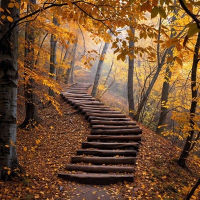 Wooden Stairs in Autumn Forest