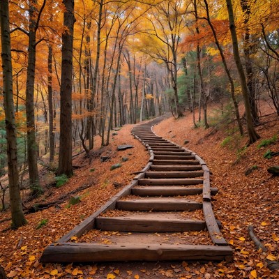 Wooden Stairs in Autumn Forest