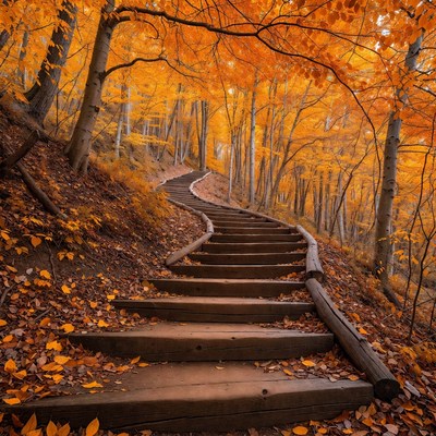 Wooden stairs in autumn forest