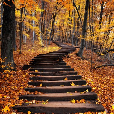 Wooden stairs in autumn forest