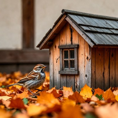 Sparrow beside wooden birdhouse in autumn leaves
