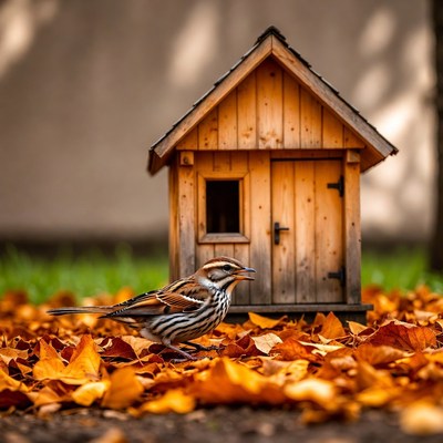 Sparrow near wooden birdhouse in autumn leaves