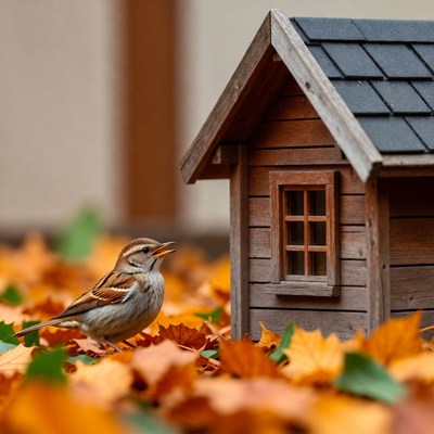Sparrow beside birdhouse in autumn leaves