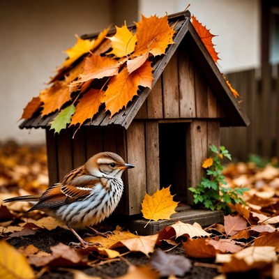 Sparrow at wooden birdhouse with autumn leaves
