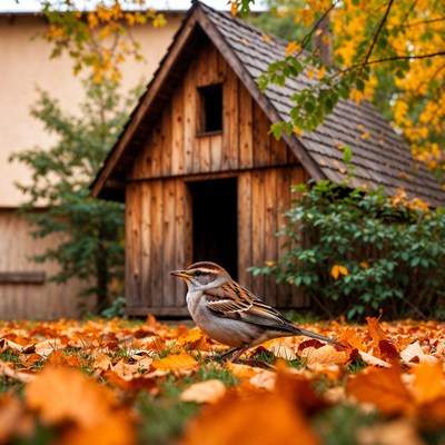 Sparrow on autumn leaves near wooden cabin