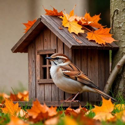 Sparrow perched on wooden birdhouse