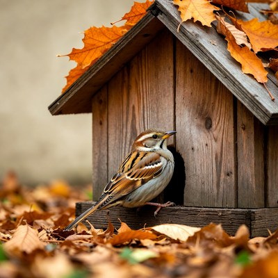 Sparrow in wooden birdhouse with autumn leaves