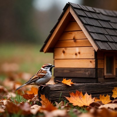 Sparrow perched on birdhouse