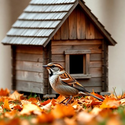 Sparrow at wooden birdhouse