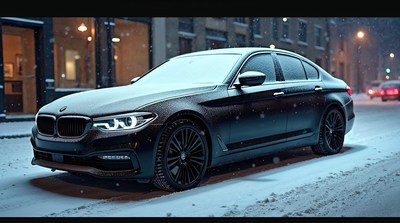 Black BMW 5 Series in Snowy Night Street