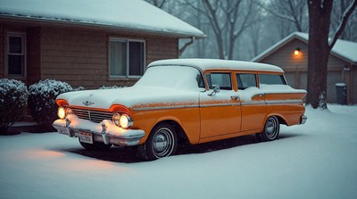 Snow-Covered Orange Vintage Station Wagon