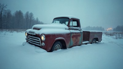 Rusty vintage truck in snow
