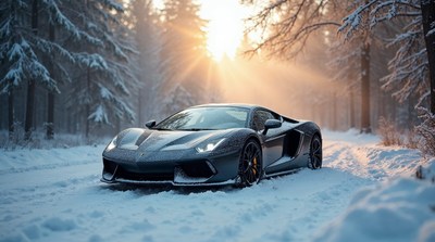 Gray Lamborghini in Snowy Forest