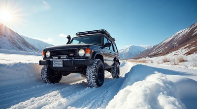 Black SUV Driving Snowy Mountain Road