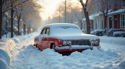 Red Vintage Car Buried in Snowy Street