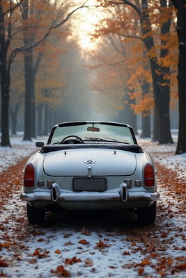 Silver Convertible Car in Autumn Snowy Alley