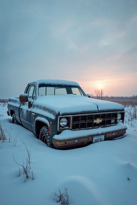 Snowy Abandoned Chevy Truck at Sunset