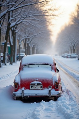 Red vintage car in snowy street