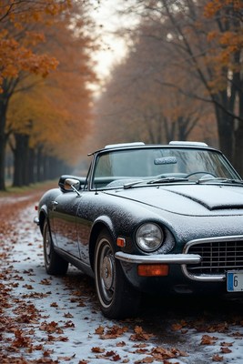 Black Convertible Car on Snowy Autumn Road
