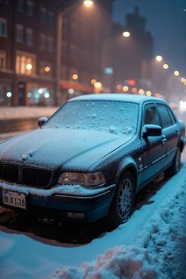 Snow-covered BMW parked on snowy street