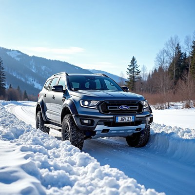 Ford Ranger Raptor Driving Snowy Mountain Road