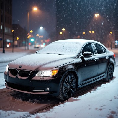 Snowy BMW Parked on Night Street