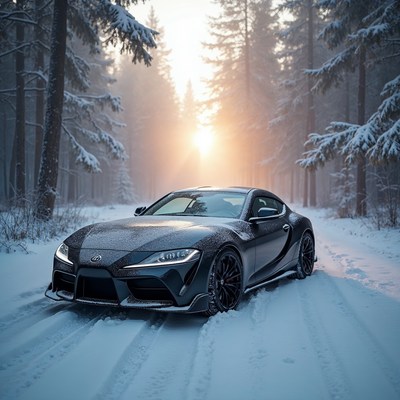Black Toyota Supra in Snowy Forest