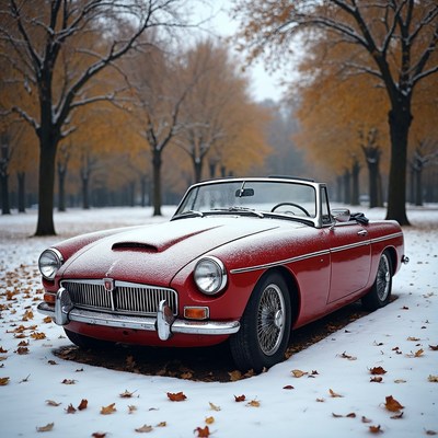 Red MG Convertible in Snowy Autumn Park