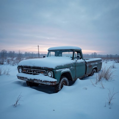 Snow-covered vintage green truck in field