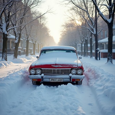 Red vintage car in snowy street