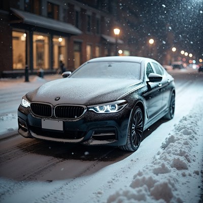 Snowy BMW Parked on Night Street