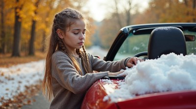 Girl brushing snow off red car