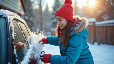Asian woman clearing snow from car