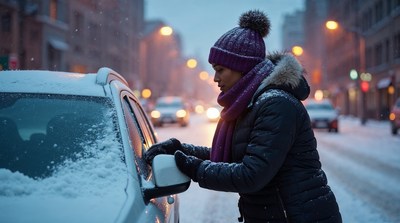 Woman cleaning snow off car mirror