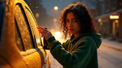 Woman unlocking car door in snowy night