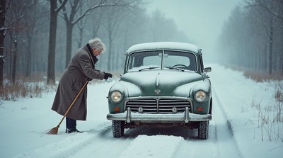 Elderly man brushing snow off vintage car