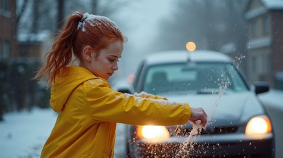 Redhead girl brushing snow off car