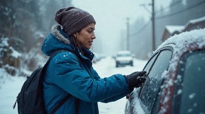 Woman clearing snow from car window
