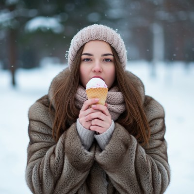 Woman eating ice cream in snowy winter