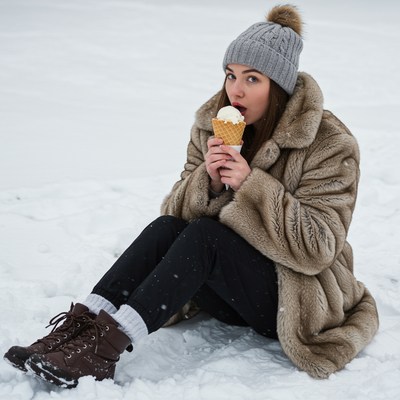 Woman eating ice cream in snow
