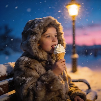 Girl eating ice cream in snowy winter night